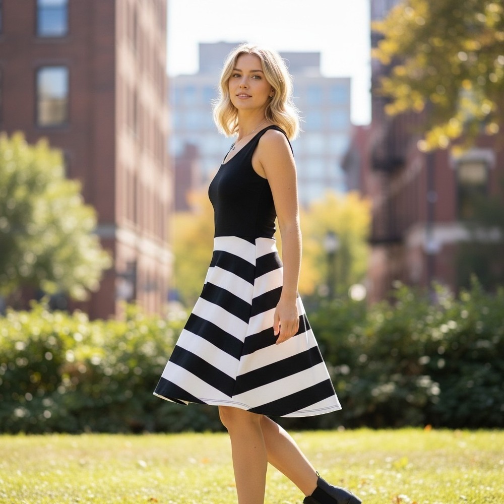 Express Women's Black & White Striped Sleeveless Fit and Flare Dress M skater